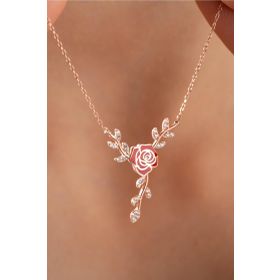 Nereze 925 Ayar Gümüş Daldaki Kırmızı Mineli Gül Kolye