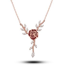 Nereze 925 Ayar Gümüş Daldaki Kırmızı Mineli Gül Kolye