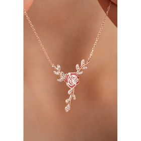 Nereze 925 Ayar Gümüş Daldaki Kırmızı Mineli Gül Kolye