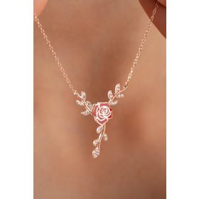 Nereze 925 Ayar Gümüş Daldaki Kırmızı Mineli Gül Kolye