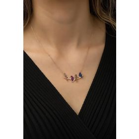 Nereze 925 Ayar Gümüş Daldaki Renkli Kuşlar Kadın Gümüş Kolye