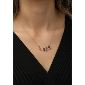 Nereze 925 Ayar Gümüş Daldaki Renkli Kuşlar Kadın Gümüş Kolye