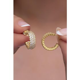 Nereze 925 Ayar Gümüş Gold 3 Sıra Beyaz Taşlı Yarım Tur Küpe