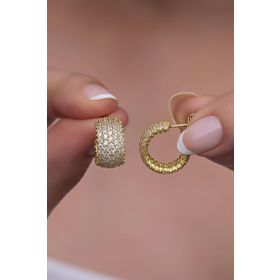 Nereze 925 Ayar Gümüş Gold 5 Sıra Beyaz Taşlı Yarım Tur Küpe