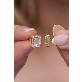 Nereze 925 Ayar Gümüş Gold Baget Tektaş Model Küpe