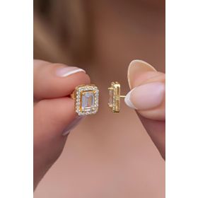 Nereze 925 Ayar Gümüş Gold Baget Tektaş Model Küpe
