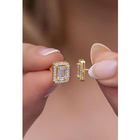 Nereze 925 Ayar Gümüş Gold Baget Tektaş Model Küpe