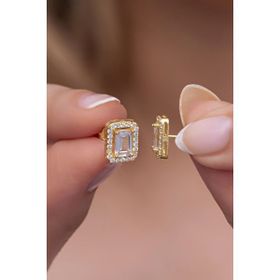 Nereze 925 Ayar Gümüş Gold Baget Tektaş Model Küpe