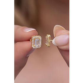 Nereze 925 Ayar Gümüş Gold Baget Tektaş Model Küpe