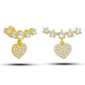 Nereze 925 Ayar Gümüş Gold Beş Taşlı Sallantılı Kalp Küpe