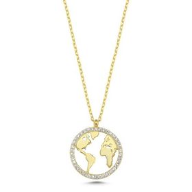 Nereze 925 Ayar Gümüş Gold Dünya Haritası Tasarım Kolye