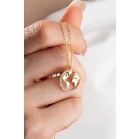 Nereze 925 Ayar Gümüş Gold Dünya Haritası Tasarım Kolye