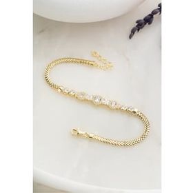 Nereze 925 Ayar Gümüş Gold Kaplama Balık Sırtı Zincirli Elmas Montür 3 Taşlı Bileklik