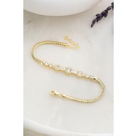 Nereze 925 Ayar Gümüş Gold Kaplama Balık Sırtı Zincirli Elmas Montür 3 Taşlı Bileklik