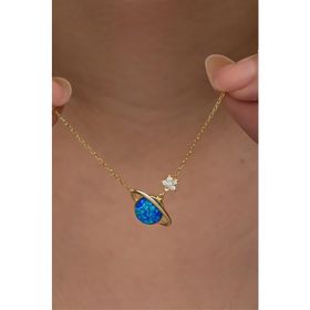 Nereze 925 Ayar Gümüş Gold Kaplama Mavi Opal Taşlı Gezegen Kolye