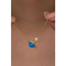 Nereze 925 Ayar Gümüş Gold Kaplama Mavi Opal Taşlı Gezegen Kolye