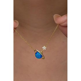 Nereze 925 Ayar Gümüş Gold Kaplama Mavi Opal Taşlı Gezegen Kolye