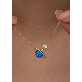 Nereze 925 Ayar Gümüş Gold Kaplama Mavi Opal Taşlı Gezegen Kolye