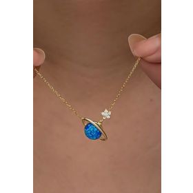 Nereze 925 Ayar Gümüş Gold Kaplama Mavi Opal Taşlı Gezegen Kolye