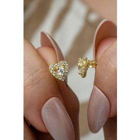 Nereze 925 Ayar Gümüş Gold Kaplama Minik Tektaş Kalp Küpe