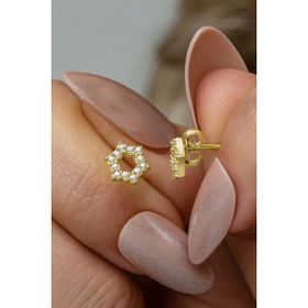 Nereze 925 Ayar Gümüş Gold Kaplama Minimal Altıgen Model Küpe