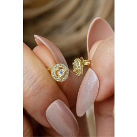 Nereze 925 Ayar Gümüş Gold Kaplama Minimal Tektaş Yuvarlak Küpe