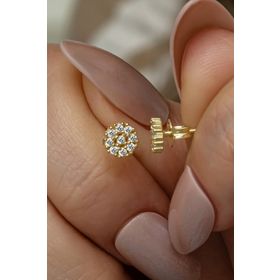 Nereze 925 Ayar Gümüş Gold Kaplama Minimal Zirkon Taşlı Yuvarlak Küpe