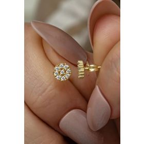 Nereze 925 Ayar Gümüş Gold Kaplama Minimal Zirkon Taşlı Yuvarlak Küpe