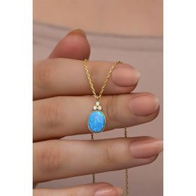 Nereze 925 Ayar Gümüş Gold Kaplama Oval Mavi Opal Taşlı Kolye