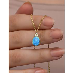 Nereze 925 Ayar Gümüş Gold Kaplama Oval Mavi Opal Taşlı Kolye
