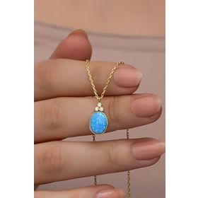 Nereze 925 Ayar Gümüş Gold Kaplama Oval Mavi Opal Taşlı Kolye