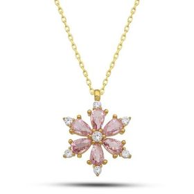 Nereze 925 Ayar Gümüş Gold Kaplama Pembe Taşlı Kamelya Çiçeği Kolye