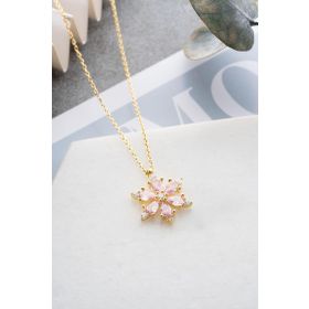 Nereze 925 Ayar Gümüş Gold Kaplama Pembe Taşlı Kamelya Çiçeği Kolye
