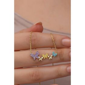 Nereze 925 Ayar Gümüş Gold Kaplama Sıralı Uçuşan Kelebekler Kolye