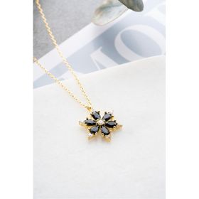 Nereze 925 Ayar Gümüş Gold Kaplama Siyah Taşlı Kamelya Çiçeği Kolye