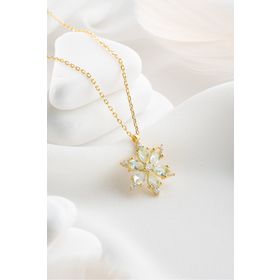 Nereze 925 Ayar Gümüş Gold Kaplama Su Yeşili Taşlı Kamelya Çiçeği Kolye