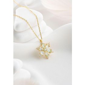 Nereze 925 Ayar Gümüş Gold Kaplama Su Yeşili Taşlı Kamelya Çiçeği Kolye