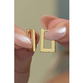 Nereze 925 Ayar Gümüş Gold Kaplama Taşsız Dikdörtgen Küpe
