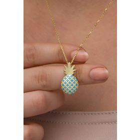 Nereze 925 Ayar Gümüş Gold Kaplama Turkuaz Taşlı Ananas Kolye