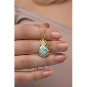 Nereze 925 Ayar Gümüş Gold Kaplama Turkuaz Taşlı Ananas Kolye