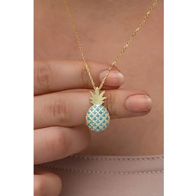 Nereze 925 Ayar Gümüş Gold Kaplama Turkuaz Taşlı Ananas Kolye