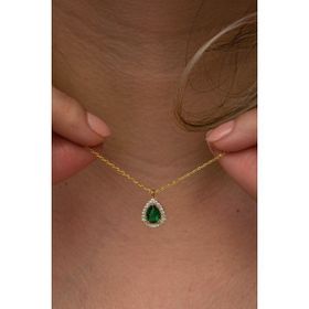 Nereze 925 Ayar Gümüş Gold Kaplama Yeşil Taşlı Damla Kadın Kolye