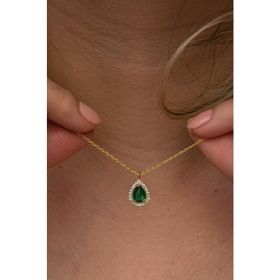 Nereze 925 Ayar Gümüş Gold Kaplama Yeşil Taşlı Damla Kadın Kolye
