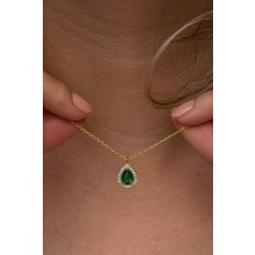 Nereze 925 Ayar Gümüş Gold Kaplama Yeşil Taşlı Damla Kadın Kolye