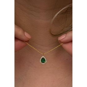 Nereze 925 Ayar Gümüş Gold Kaplama Yeşil Taşlı Damla Kadın Kolye