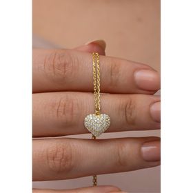Nereze 925 Ayar Gümüş Gold Kaplama Zirkon Taşlı Minimal Kalp Kadın Kolye