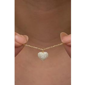 Nereze 925 Ayar Gümüş Gold Kaplama Zirkon Taşlı Minimal Kalp Kadın Kolye