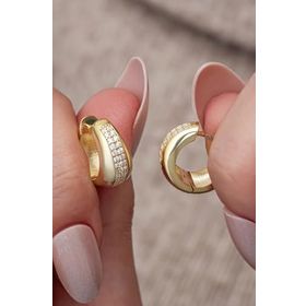 Nereze 925 Ayar Gümüş Gold Kaplama Zirkon Taşlı Tombul Halka Küpe