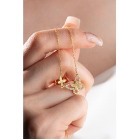 Nereze 925 Ayar Gümüş Gold Uçuşan Çift Kelebek Kolye