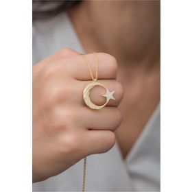 Nereze 925 Ayar Gümüş Gold Zirkon Taşlı Ayyıldız Kolye
